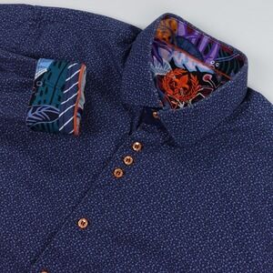 Au Noir Dress Shirt Men's Size 5 Blue Print Contrast Trim Stretch Button Down